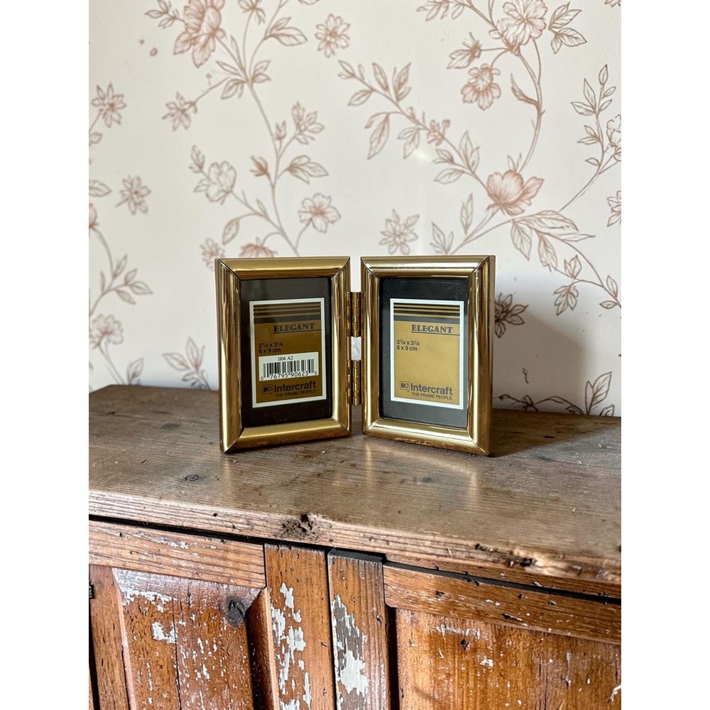 Vintage Brass Double Folding Photo Frame – School Picture, Cottage Decor